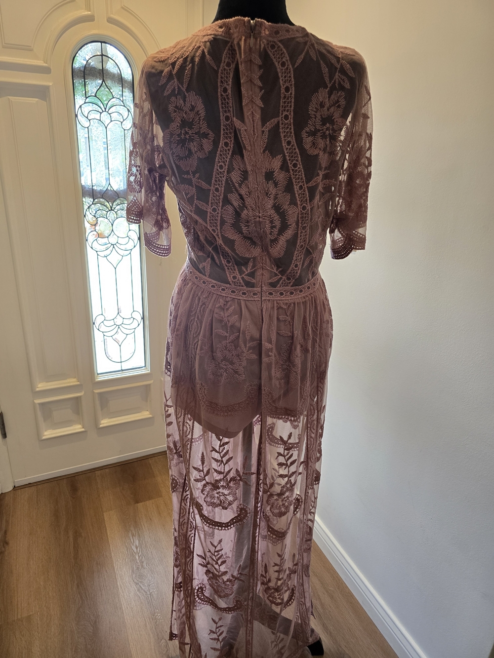 Women's PinkBlush Mauve Lace Mesh Overlay Maxi Dress - Picture 6 of 10